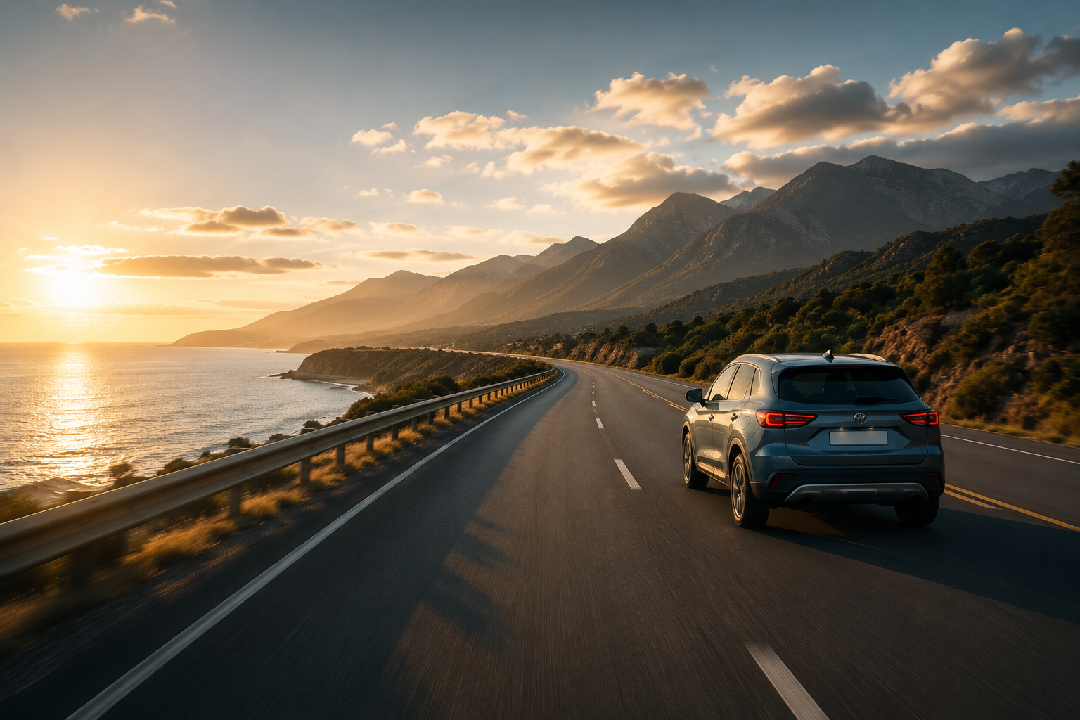 Car driving confidently on an open coastal road at sunset, mountains and sea in view